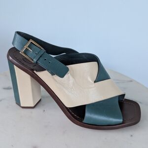 Tory Burch Green and Cream Leather Block Heel Sandal